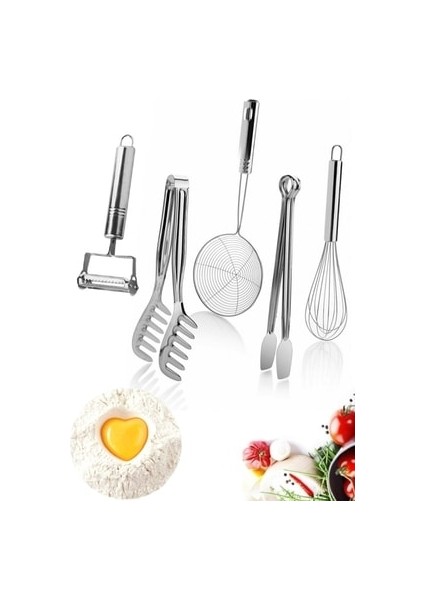 Yemek Hazırlık Pratik Mutfak Gereçleri Seti 5 Parça Mutfak Metal Soyacak Çırpıcı Maşa Kevgir Kepçe