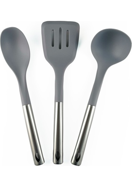 Metal Gri Silikon Kepçe Kaşık Spatula 3 Parça Servis Seti