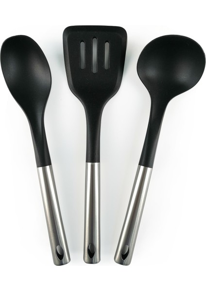 Metal Siyah Silikon Kepçe Kaşık Spatula 3 Parça Servis Seti