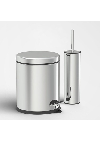 Paslanmaz 5 Lt Çöp Kovası Klozet Fırçası 2'li Banyo Seti Parlak