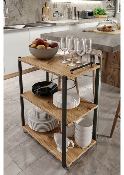 Kahve Modern Dekoratif Mdf Ahşap Servis Sunum Arabası 3 Raflı Servant