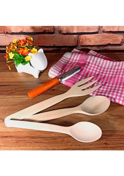 Ahşap Tahta Kaşık 2 Boy + Çatal + Kabak Oyacağı 4'lü Set