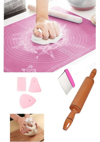 5 Li Set 45X65 cm Silikon Hamur Matı -48 cm Ahşap Merdane -4 Parça Hamur Kesme Seti -Yoğurma Torbası