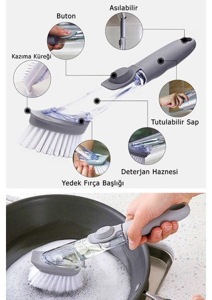 2 Başlıklı Deterjan Hazneli Saplı Temizlik ve Bulaşık Fırçası
