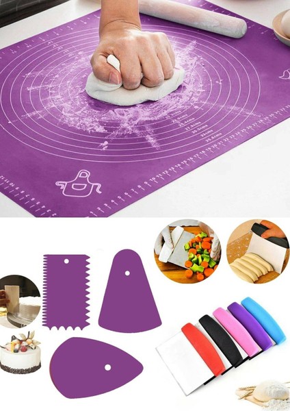 Büyük Silikon Hamur Açma Matı 60X45CM & Hamur Spatula & 3'lü Pasta Dekorasyon Seti