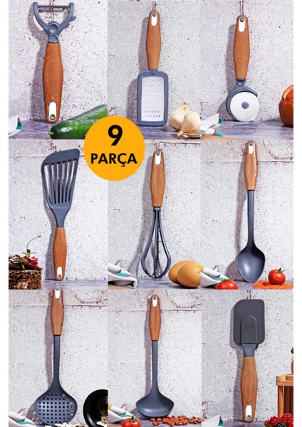 9 Parça Lüx Ahşap Desenli Silikon Mutfak Servis Seti
