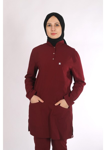 Likralı Hemşire Forması Tesettür Tek Üst Bordo