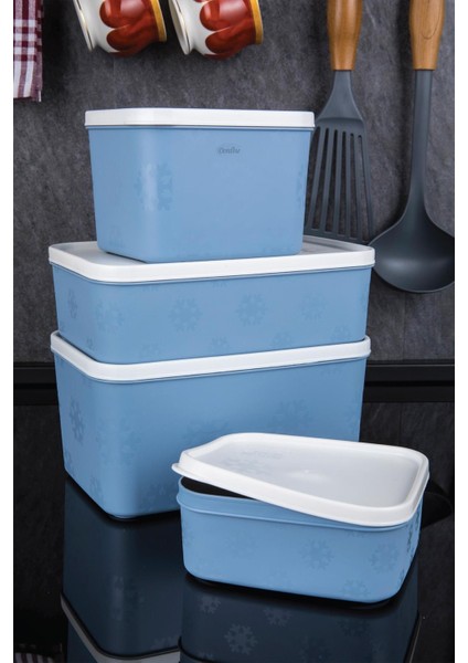 4 Parça No Frost Saklama Kabı Mavi, Akıllı Kapaklı Lüx Saklama Kabı Seti