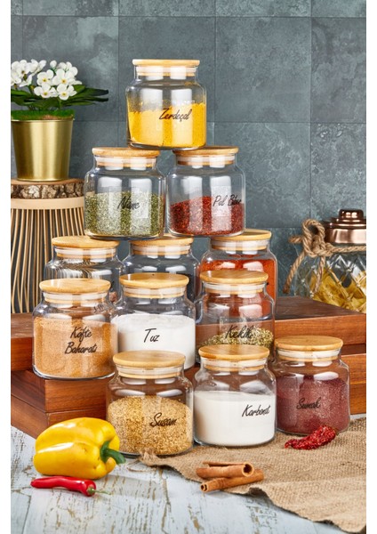 12'li Lüx 500 ml Bambu Kapaklı Cam Kavanoz Saklama Kabı Baharaık Seti