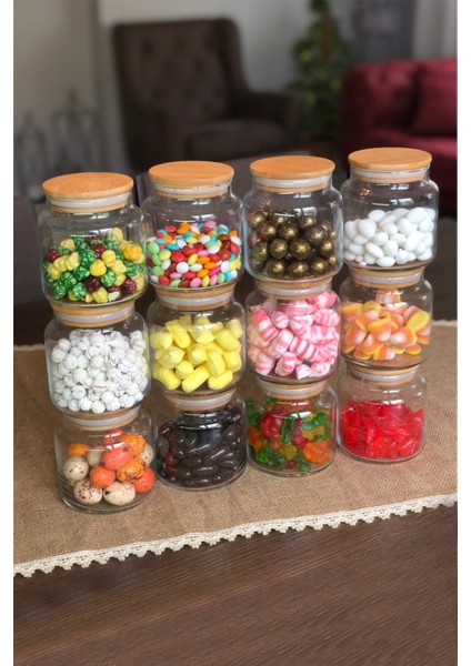12'li Lüx Bambu Kapaklı Cam Kavanoz Saklama Kabı Baharaık Seti - 500ML - 11X10CM