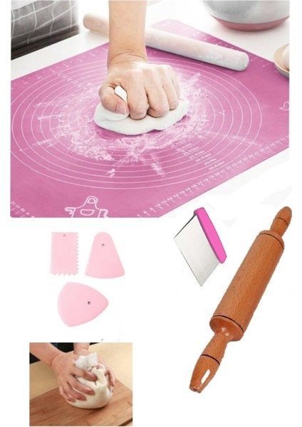 5 Li Set 45X65 cm Silikon Hamur Matı -48 cm Ahşap Merdane -4 Parça Hamur Kesme Seti