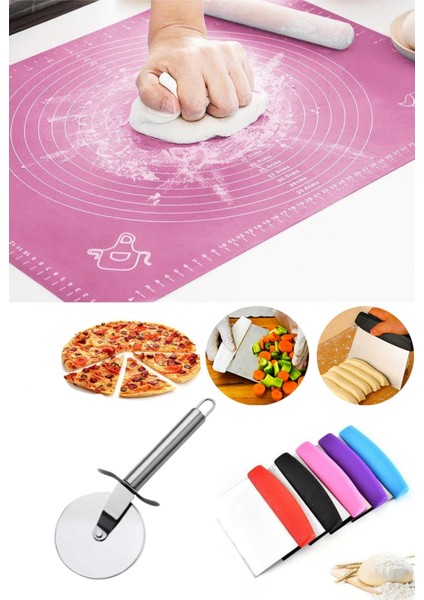 Silikon Hamur Açma Matı 50X40 Hamur Pizza Börek Kesme Ruleti ve Hamur Spatula Kesici