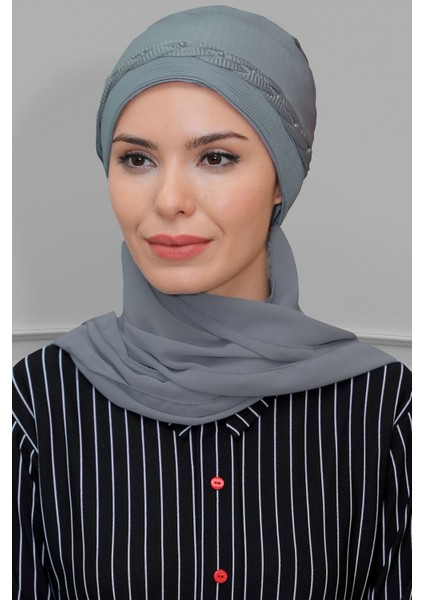 Gri Pratik Hazır Geçmeli Tesettür Bone Fukuro Örgülü Şifon Atkılı - 1825A