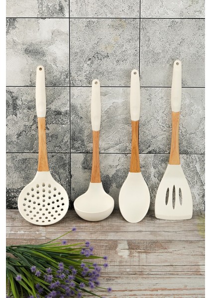 4 Parça Beyaz Bambu Saplı Silikon Mutfak Servis Spatula Kaşık Kevgir Kepçe Seti