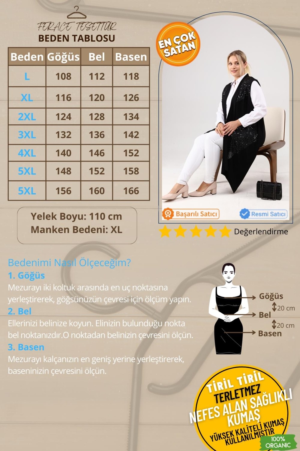 FERACE Kadın Büyük Beden Siyah Yelek V Yaka Pulpayetli Uzun Tasarım Esnek ve Nefes Alıcı Kumaş görsel 2
