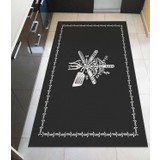 Galo Çiçekli Servis Desenli Siyah Modern Dekoratif Mutfak Halısı