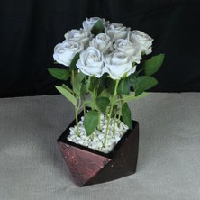 Moryconcept Çiçek Taş Rose Gölgeli Saksı Beyaz Güller 9 Adet Yapay