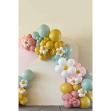 Trend Hediye Sepeti Retro Toz Pembe Kış Yeşili Zerdeçal Beyaz Papatya Balon Zinciri 75 Adet Balon
