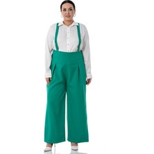 Disentis Modest Büyük Beden Önü Pileli Beli Arkadan Gipe Lastikli Askılı Bol Paça Double Yeşil Pantolon