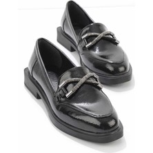 Bambi Siyah Kırışık Rugan  Kadın Loafer Ayakkabı K01997070108