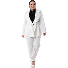 Disentis Modest Büyük Beden Bağlama Detaylı Ceket Pantolon Beyaz Takım