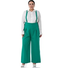 Disentis Modest Büyük Beden Önü Pileli Beli Arkadan Gipe Lastikli Askılı Bol Paça Double Yeşil Pantolon