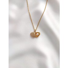 Evorya Kadın Paslanmaz Çelik Gold Açılır Kapanır Istiridye Inci Deniz Kabuklu Zirkon Taşlı Kolye