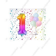 Bal10 Dünyası Gökkuşağı Folyo Balon ve Makaron Balonlu Balon Standı 1 Yaş