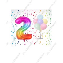 Bal10 Dünyası Gökkuşağı Folyo Balon ve Makaron Balonlu Balon Standı 2 Yaş