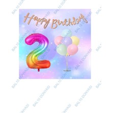 Bal10 Dünyası Gökkuşağı Folyo Balon Kaligrafi Banner ve Balonlu Balon Standı 2 Yaş