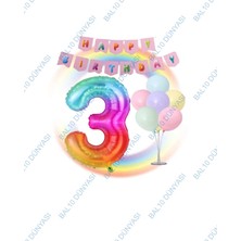 Bal10 Dünyası Gökkuşağı Folyo Balon Happy Bırthday Banner ve Balonlu Balon Standı 3 Yaş