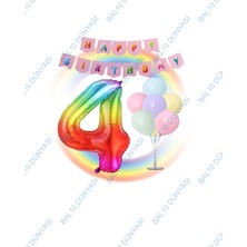 Bal10 Dünyası Gökkuşağı Folyo Balon Happy Bırthday Banner ve Balonlu Balon Standı 4 Yaş