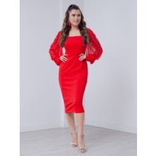 giyimmasalı Krep Kumaş Kare Yaka Kalem Elbise - Kırmızı