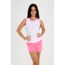 Rubadi Kalp Desenli, Pembe Şortlu, Kolsuz Pijama Takımı