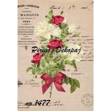 Lineart 1477 Kırmızı Beyaz Güller ve Fiyonk Pirinç Dekopaj 30X42