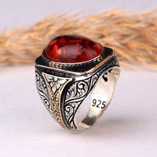 Tesbih Sepetim Kalem Işleme Motifli Kehribar Taşlı Gümüş Yüzük