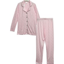 Angelina Kadın Pembe Kalp Desenli Düğmeli Bambu Uzunkollu Pijama Takımı
