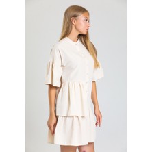 Sense Önü Düğmeli Kısa Kol Elbise  | ELB34244 Bej