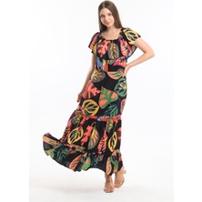 Sense Degaje Yaka Yakası Lastikli Dokuma Viskon Uzun Elbise | ELB34315 Siyah Çiçekli