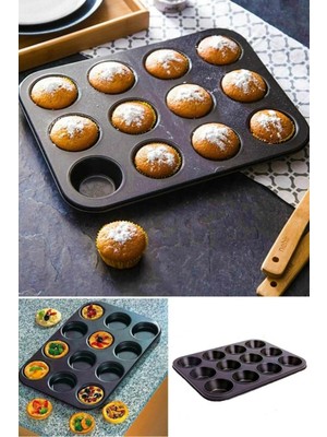 12 Bölmeli Metal Yapışmaz Muffin Kek Kalıbı