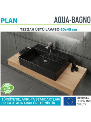 Aqua Bagno "plan" Tezgah Üstü Kare Çanak Lavabo ,60 x 45 Cm.,mat Siyah