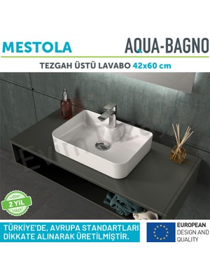 Aqua Bagno "mestola"  Tezgah Üstü Lavabo Batarya Delikli 60 x 42  cm Beyaz