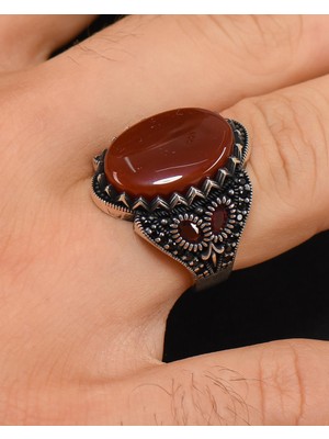 Prestige Gümüş 925 Ayar Gümüş Erkek Yüzüğü Akik Taşlı Zirkon Taş Süslemeli