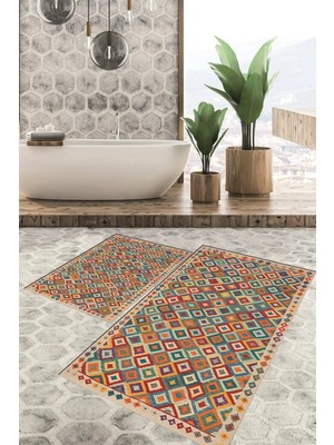 Viyana Home Dijital Baskılı Kaymaz Tabanlı Yıkanabilir 2'li Set Banya Halısı Klozet Takımı Paspas VHKZ-HT-650