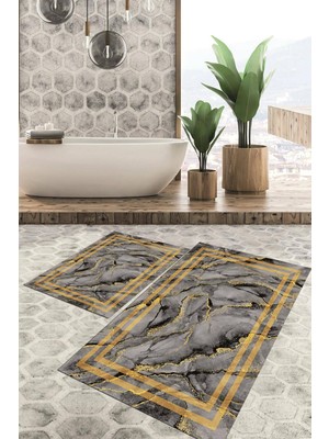 Viyana Home Dijital Baskılı Kaymaz Tabanlı Yıkanabilir 2'li Set Banya Halısı Klozet Takımı Paspas Vhkz-Sd-4