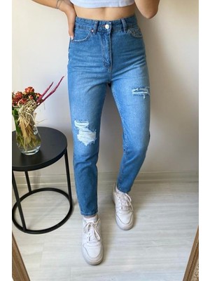 Ziwod Yüksek Bel Tam Kalıp Mavi Mom Jeans