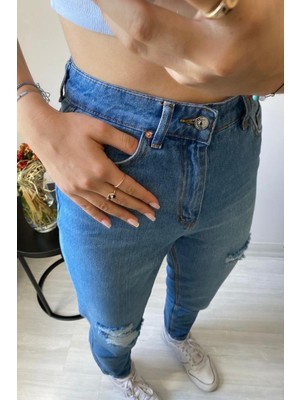 Ziwod Yüksek Bel Tam Kalıp Mavi Mom Jeans