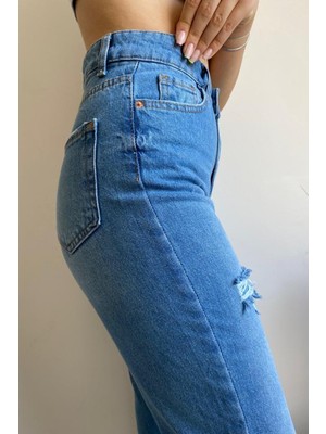 Ziwod Yüksek Bel Tam Kalıp Mavi Mom Jeans