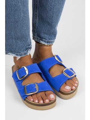 Manijero Selina Kadın Deri Çift Tokalı Mavi - Gold Terlik