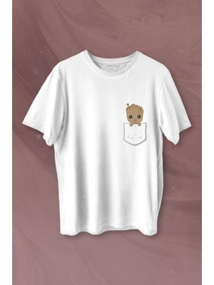 Kendim Seçtim Bebek Groot Marvel Galaksinin Koruyucuları Cep Baskılı Tişört Unisex T-Shirt